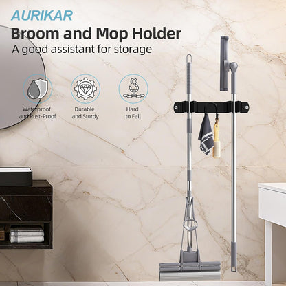 Stainless Steel Broom Holder Wall Mount - 2 Slots & 2 Hooks Organizer for Home, Garage & Garden