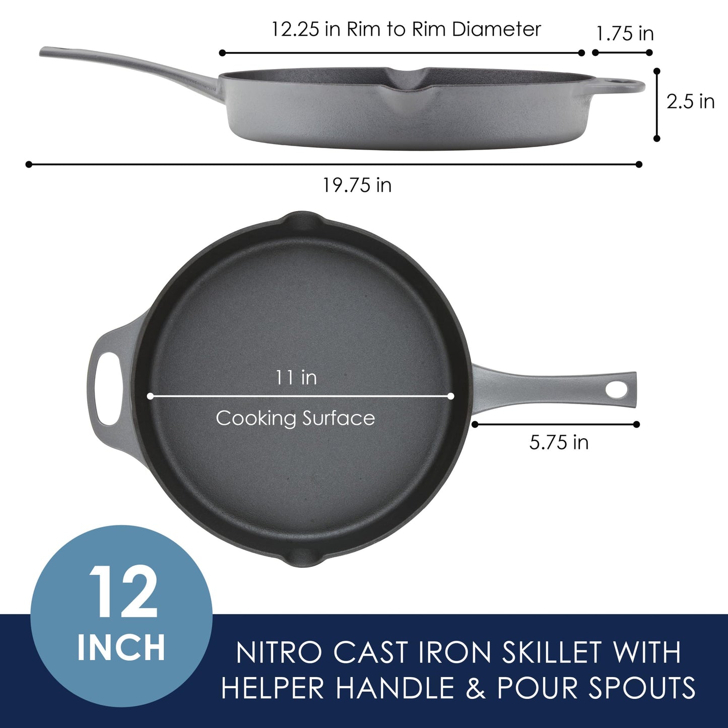 Rachael Ray NITRO Cast Iron Frying Pan/Skillet with Helper Handle and Pour Spouts, 12 Inch, Gray
