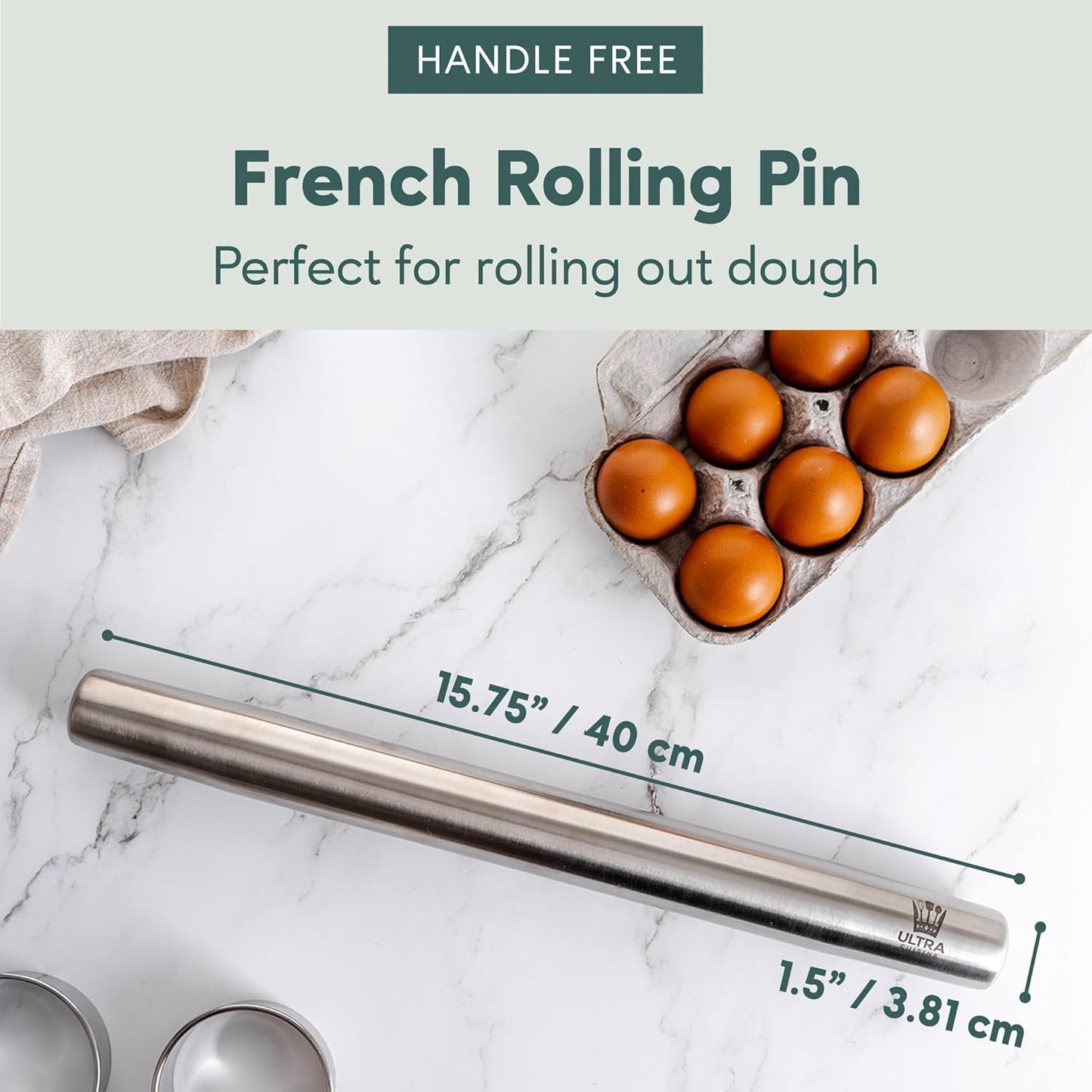 Ultra Cuisine French Rolling Pin - Tapered Design for Baking Pizza, Cookies & Pastries | 15.75-Inch Stainless Steel