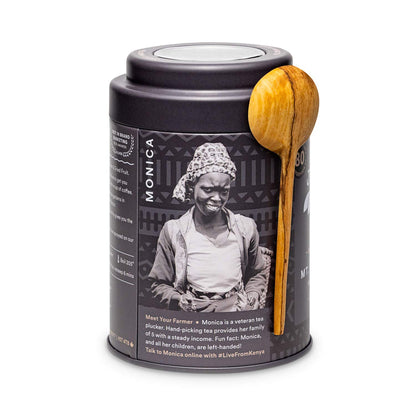 JusTea MT. KENYA BLACK | Loose Leaf Black Tea | Tin with Hand Carved Tea Spoon | 40+ Cups (3.2oz) | High Caffeine | Award-Winning | Fair Trade | Non-GMO