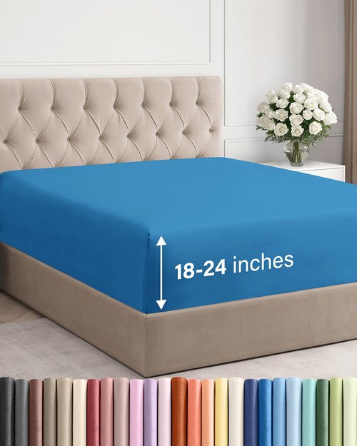 Extra Deep King Fitted Sheet - Hotel Luxury Single Fitted Sheet Only - Easily Fits 18 inch to 24 inch Mattress - Ultra Soft, Wrinkle & Fade Free w/Extra Deep Pockets - Breathable & Comfy - Denim Blue