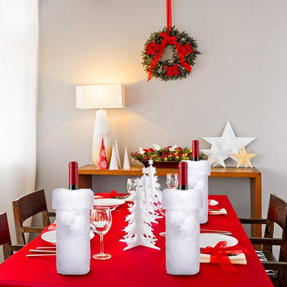 Boao 2-Piece White Faux Fur Wine Bottle Covers - Xmas Christmas Themed Bag, 32x9x9 cm