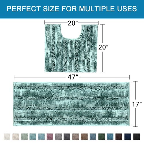 H.VERSAILTEX Bathroom Rugs Bath Rug Set 2 Piece Bathroom Contour Rug Toilet Mat Sets Non Slip Contour Bath Rug Ultra Thick Water Absorbent Striped Bath Mats(47" x 17" Plus 20" x 20" U, Eggshell Blue)