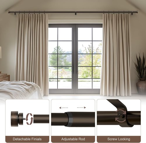 Lootkell Curtain Rods - Adjustable Antique Brown Bronze Design | Heavy Duty 66-120 Inches for Farmhouse Style