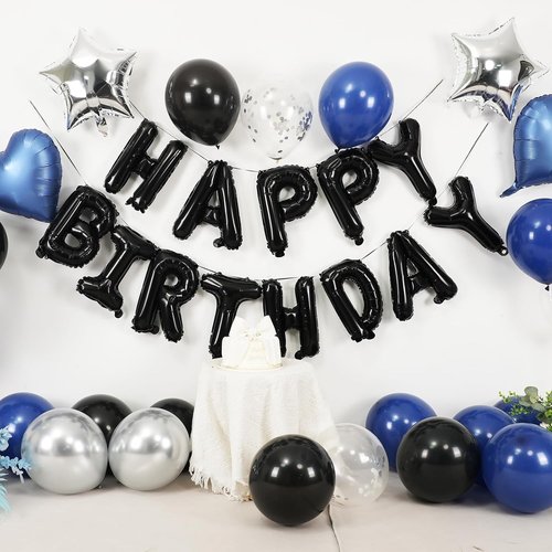 Happy Birthday Decorations | Navy Blue & Black Balloons with Silver Confetti - Perfect for Men & Women