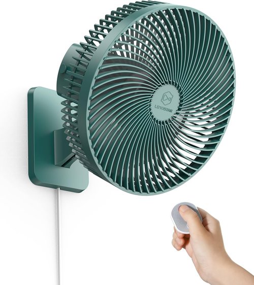 LEMOISTAR 10 Inch Wall Mounted Fan - Remote Control, 90° Oscillation, 4 Speeds, Quiet - Green