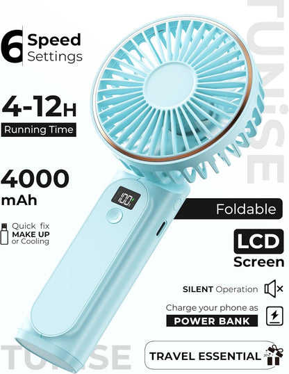 TUNISE Portable Handheld Fan - 4000mAh Battery, 6 Speed Settings, USB Rechargeable, Adjustable Design
