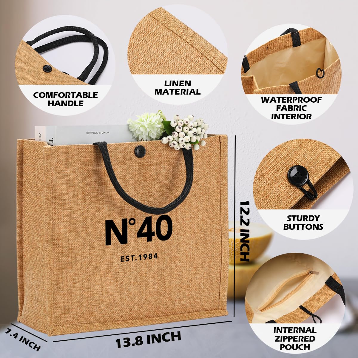 NGLIV 40th Birthday Gifts for Women - 40th Birthday Decorations for Her - 40 Year Old Birthday Gifts for Female Mom Wife Friend Sister Aunt - Beach Bag Reusable Shopping Bags Cute Jute Straw ToteBag