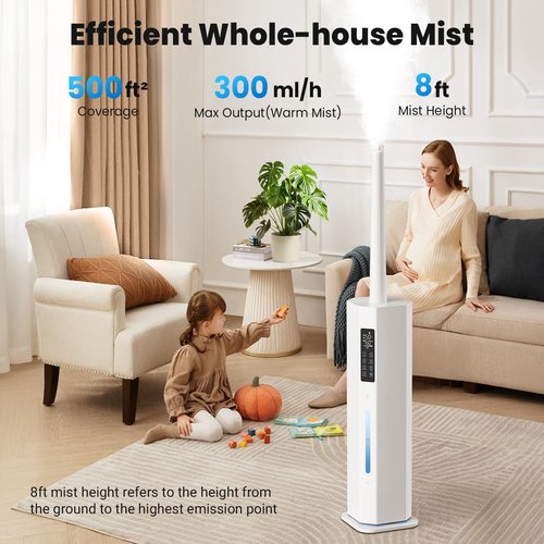 GloryAir Humidifier - 2.38 Gal Top Fill Cool Mist for Large Rooms | 120-Hour Run Time, Auto Mode, 7-Color Light