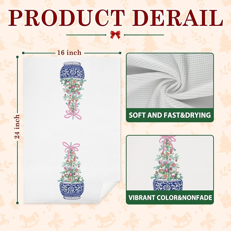 Chinoiserie Christmas Kitchen Towels, 16x24 in, Set of 2 with Blue Bow – Holiday Hand Towels