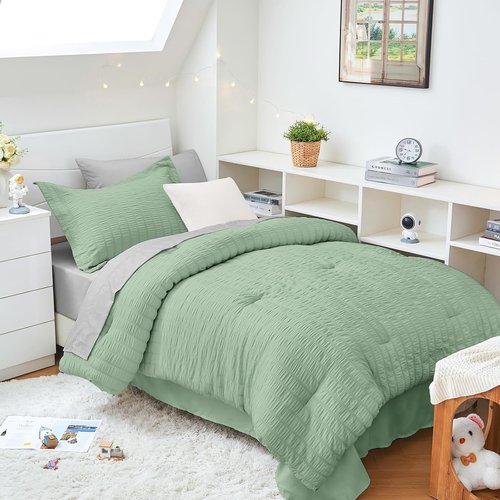 HYMOKEGE Twin XL Comforter Set - Sage Green & Light Grey Seersucker | 5-Piece All-Season Luxury Bedding Set