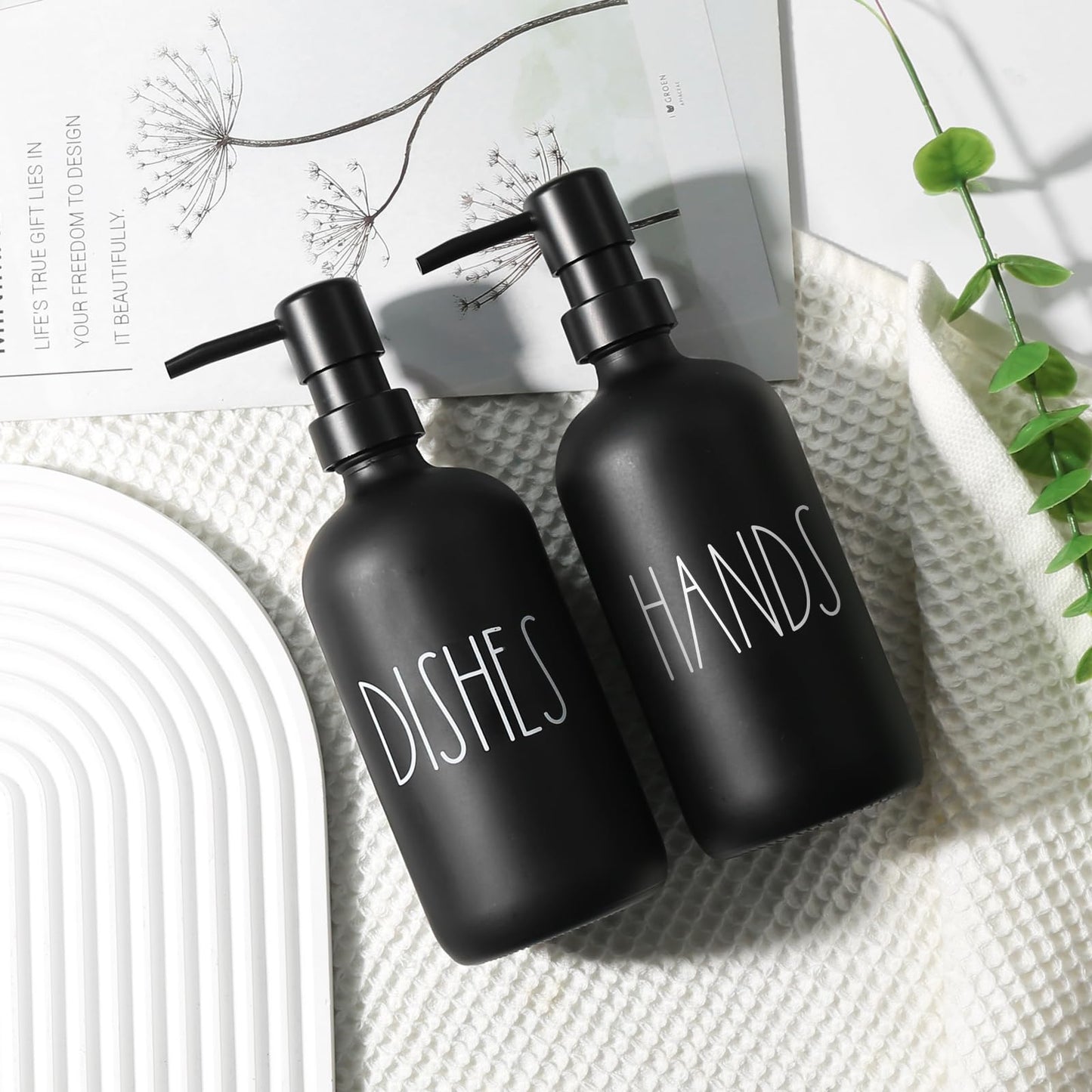 VIMERPA Hand and Dish Soap Dispenser Set, Matte Black Hands Dishes Soap Dispenser Set for Kitchen, 2 Pack Glass Soap Dispensers Set with Plastic Pump, 17 Fl Oz Refillable Liquid Soap Bottles