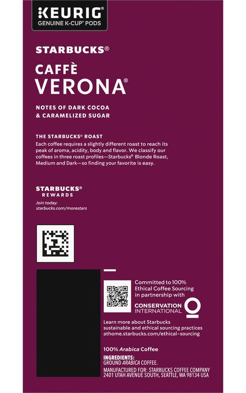 Starbucks Coffee K-Cup Pods, Caffè Verona, Dark Roast Coffee, Notes of Dark Cocoa & Caramelized Sugar, Keurig Genuine K-Cup Pods 24 Count (Pack of 2)