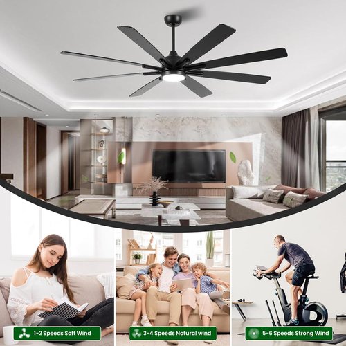 CJOY 84-Inch Low Profile Ceiling Fan - Black Flush Mount with Remote & 8-Blade Reversible DC Motor