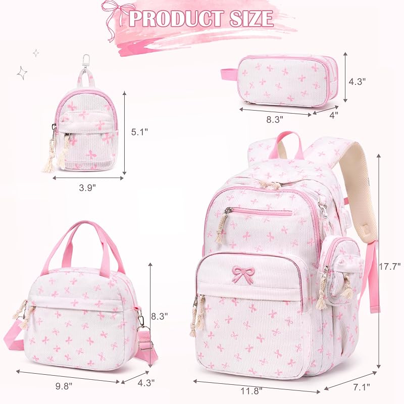 Corduroy Girls Backpack Set with Lunch Box & Pencil Pouch - Beigepink Bow (4-Piece)