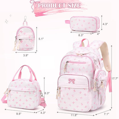 Corduroy Girls Backpack Set with Lunch Box & Pencil Pouch - Beigepink Bow (4-Piece)