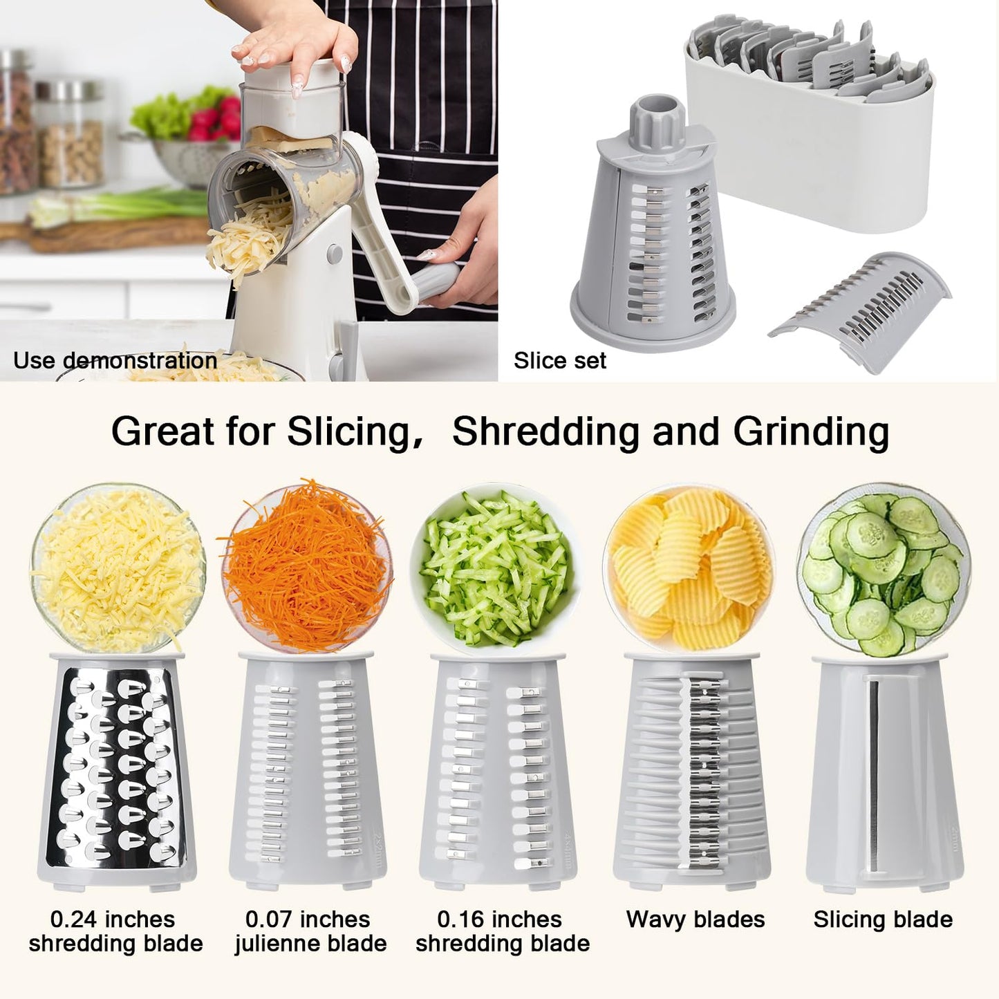 Rotary cheese grater - hand-cranked,5in1 washable & easy to clean - perfect for chefs, cuts cheese, veggies, fruits, nuts, crackers - upgraded model with strong suction-Hand Crank Cheese Grater