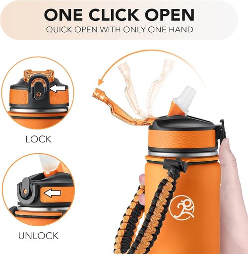 GOSWAG Insulated Sports Water Bottle - 24oz Stainless Steel with 2 Lids & Paracord Handle