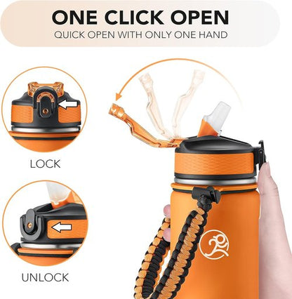 GOSWAG Insulated Sports Water Bottle - 24oz Stainless Steel with 2 Lids & Paracord Handle