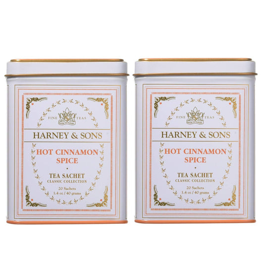 Harney & Son's Mothers Day Hot Cinnamon Spice Tea Gift Set (2 Pack, 20 Sachets Ea.) - Black Tea Blended with Cinnamon, Orange, & Sweet Cloves - Caffeinated, Medium Bodied Brew - Each Tin 1.4oz