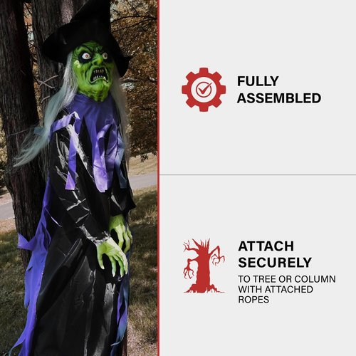 Haunted Hill Farm Talking Witch Tree Hugger with Light-Up Eyes and Attached Ropes, Halloween Prop for Battery Operated Scary Outdoor Halloween Decorations, Spooky Halloween Fright Props