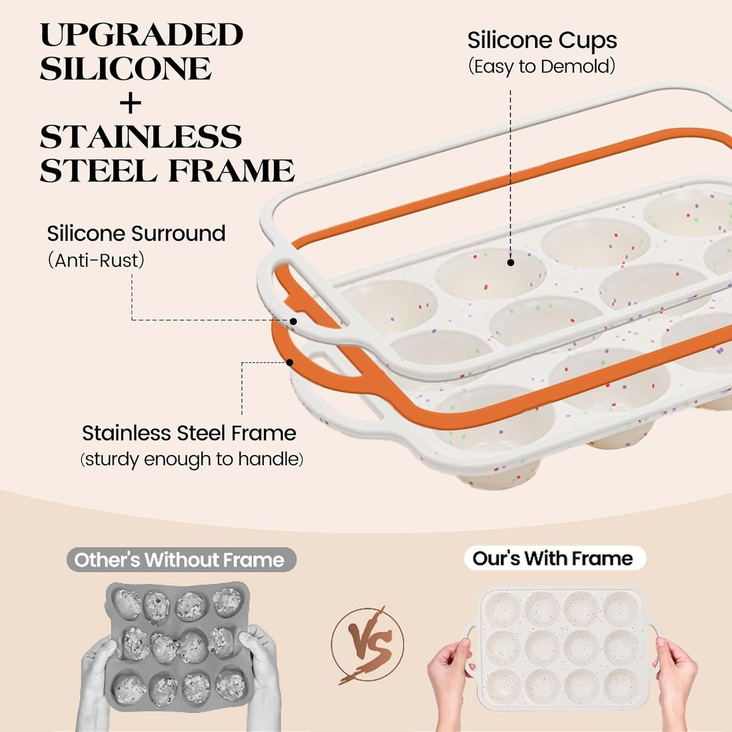 Skiennix Silicone Baking Pans Set - 8 Pcs Nonstick Bakeware with Metal Reinforced Frame | Cream Color