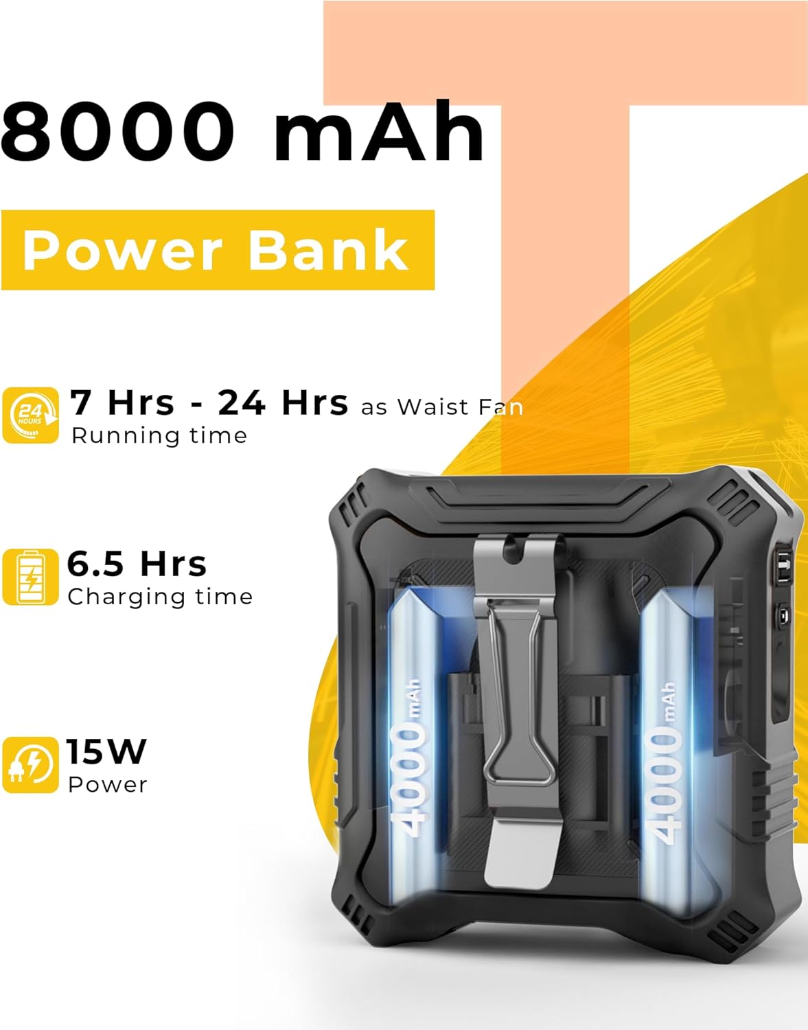 TUNISE Portable Fan - 5-Speed Dual-Sided Clip-On Wearable Waist Fan | 8000mAh Power Bank & Flashlight