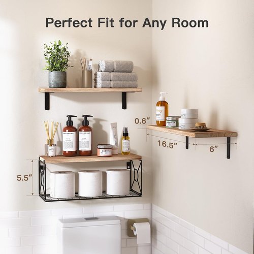 Amada Floating Bathroom Shelves - Stylish Over Toilet Storage with Basket | Natural Wood for Home Organization