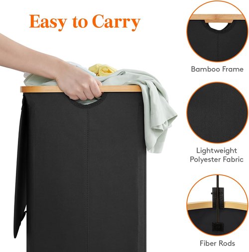 Lifewit 150L Laundry Basket - Foldable Hamper with Lid & Bamboo Handles | Black, 2 Removable Bags