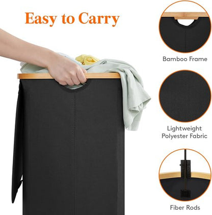 Lifewit 150L Laundry Basket - Foldable Hamper with Lid & Bamboo Handles | Black, 2 Removable Bags