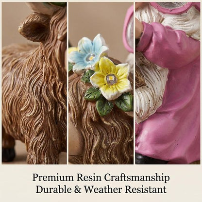 iStatue Solar Highland Cow Garden Statue - Animated LED Goggles & Moving Pixel Matrix Eyes | 8.7" Pink Resin Gnome Figurine for Mom