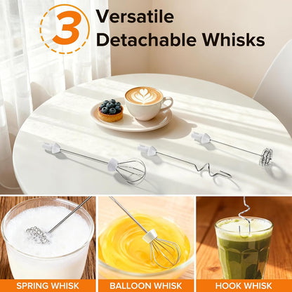 Skiennix Handheld Milk Frother - 3-Speed USB-C Rechargeable Wand with 3 Detachable Whisks | Perfect for Coffee, Latte, Cappuccino, Matcha & More (White)
