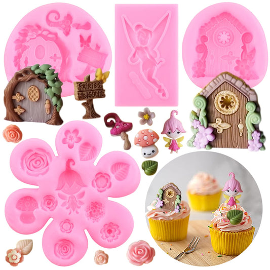 MYPRACS Enchanted Vintage Fairy Garden Fairy Gnome Home Door Silicone Chocolate Mold Flower Mushroom Leaf Fondant Mold For Cake Decorating Chocolate Candy Polymer Clay Gum Paste Set Of 4