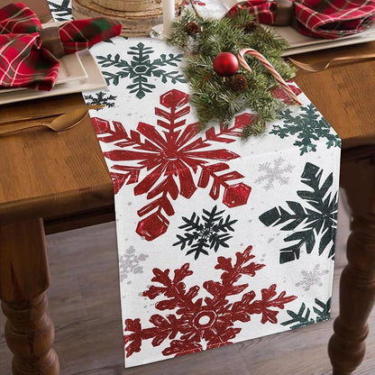 Christmas Winter Table Runner, Red Green Silver Snowflakes 13x72in - Variation: Red Green Silver+13x72in