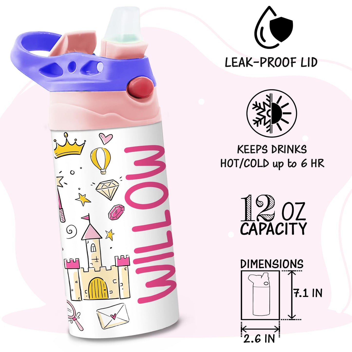 Personalized Kids Water Bottle | 12 Oz Double Wall Insulated Stainless Steel Tumbler | Custom Name Leak-Proof Cup with Straw | Back to School Gift for Toddlers, Children, Boys, Girls | Unicorn Design