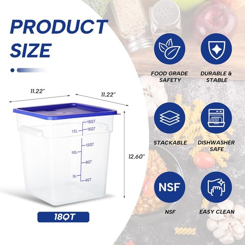 Clear NSF Food Storage Containers - 4 Pack, 18 Quart Square Polycarbonate with Lids & Scale