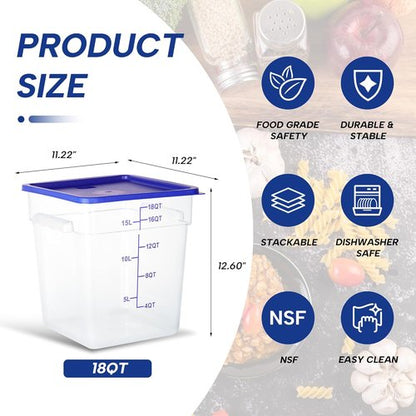 Clear NSF Food Storage Containers - 4 Pack, 18 Quart Square Polycarbonate with Lids & Scale