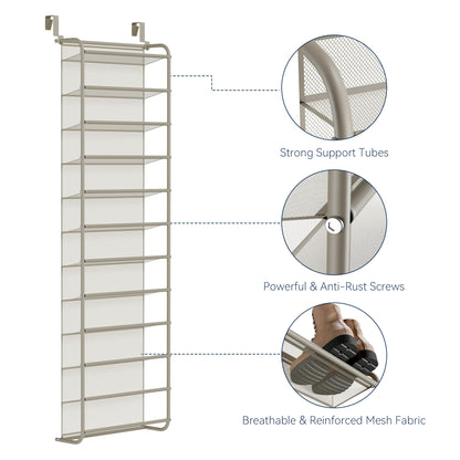 Whitmor 36 Pair Over The Door Shoe Organizer, 12 Tier Hanging Shoe Organizer, Heavy Duty Metal & Mesh Shoe Holder, Hanging Shoe Rack for Closet Organizer & Storage, 69"L x 21.7"W x 7.5"H, Mocha