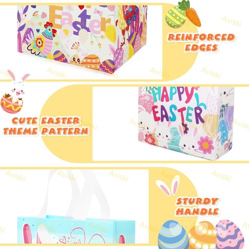 Aviski 6PCS Happy Easter Egg Hunt Bags, Assorted Sizes, Easter Bunny Carrot Chick Egg Treat Bag with Handles, Non-Woven Gifts Wrapping, Egg Hunt, Spring Party Supplies