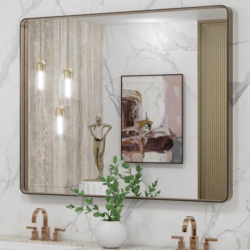 LOAAO Bronze Bathroom Mirror - 40”X32” Rounded Rectangle with Anti-Rust Frame | Hangs Horizontally or Vertically