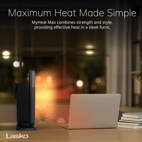 Lasko MyHeat Max Portable Ceramic Space Heater, Tip Over Switch, Overheat Protection, 2 Heat Settings, Adjustable Thermostat, Timer, for Indoor Use, Home, Office, 9 Inches, 1500W, Black, CD09101