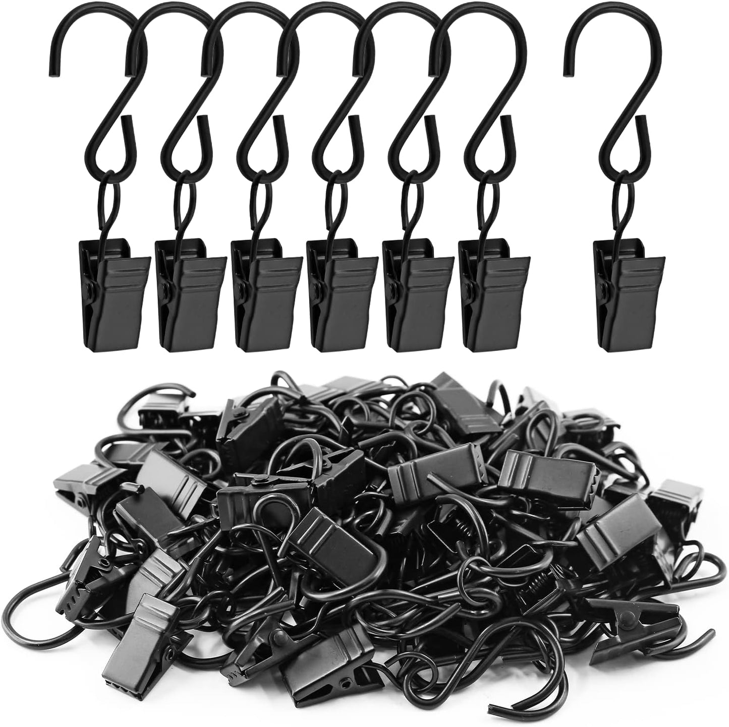 Skiennix 50 Pack Stainless Steel S Hooks - Durable Curtain Clips for String Lights | 2.4 Inch Long, Black