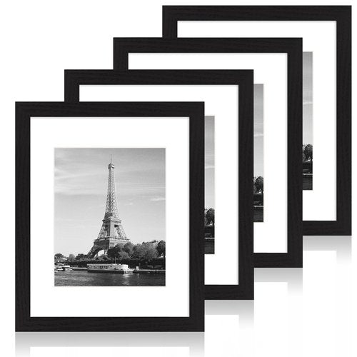 iRahmen 11x14 Picture Frame Set of 4 with Tempered Glass, Black Frame Display 8x10 Picture with Mat or 11 x 14 Without Mat, Rustic Wood Photo Frames for Horizontal or Vertical Wall Mounting
