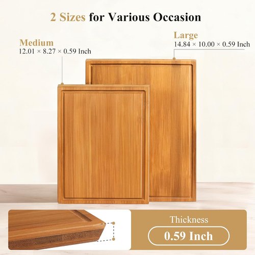 Bamboo Cutting Board Set - 2PCS Double-Sided Chopping Boards with Juice Grooves & Side Handle | Ideal for Meal Prep & Serving