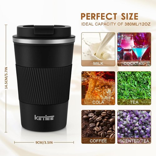 KETIEE Travel Mug - 12oz Vacuum Insulated Coffee Tumbler with Leakproof Lid | Black Stainless Steel