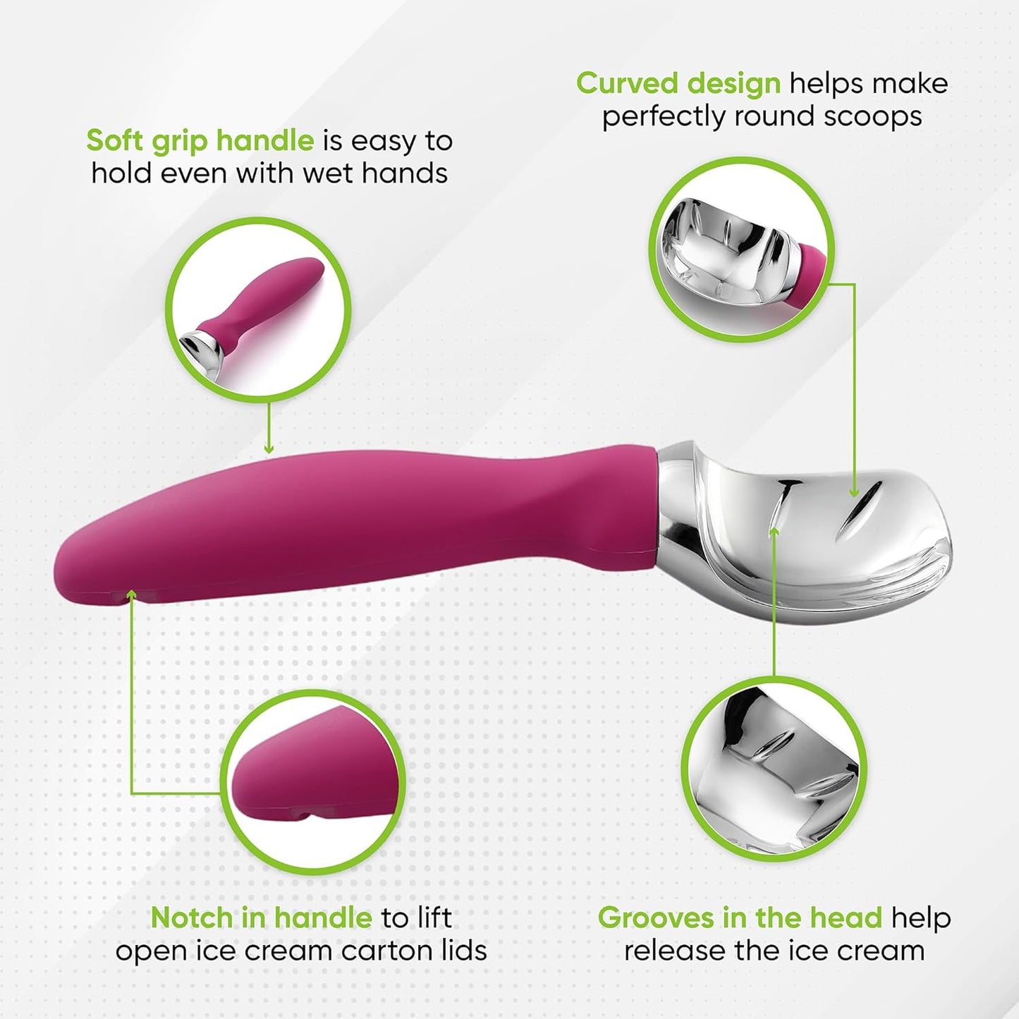 Spring Chef Heavy Duty Ice Cream Scoop - Non-Slip Handle for Gelato, Sorbet & More | Dishwasher Safe - Magenta