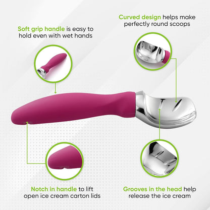 Spring Chef Heavy Duty Ice Cream Scoop - Non-Slip Handle for Gelato, Sorbet & More | Dishwasher Safe - Magenta
