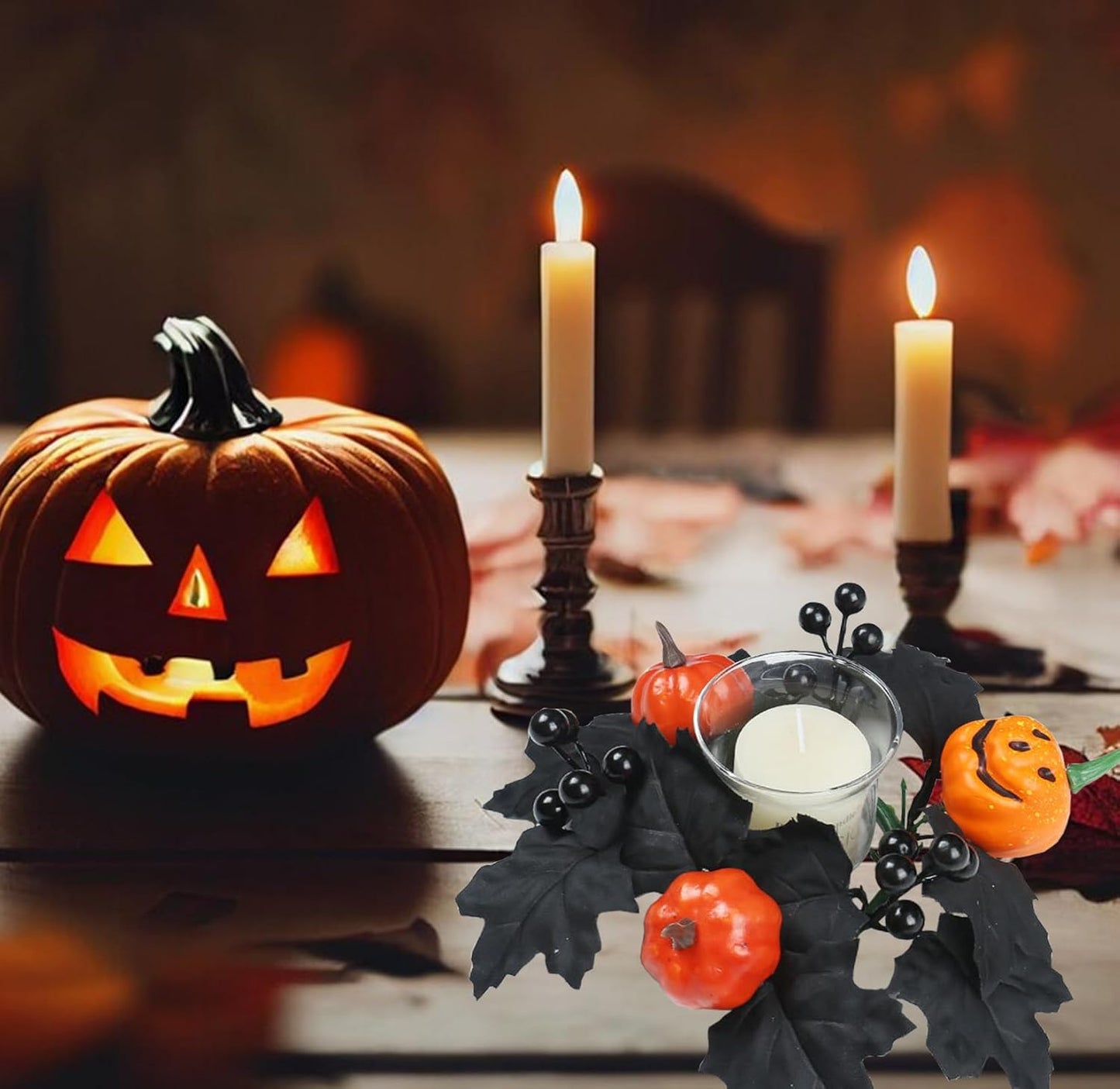 Skiennix Halloween Candle Rings - Black Artificial Maple Leaf & Pumpkin Holders | 2-Piece Set for Festive Decor