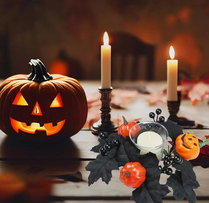 Skiennix Halloween Candle Rings - Black Artificial Maple Leaf & Pumpkin Holders | 2-Piece Set for Festive Decor