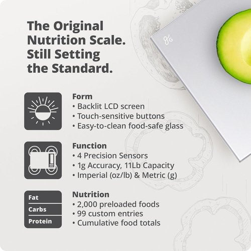 Greater Goods Food Scale - Nutrition Calculator for Meal Prep & Weight Loss | Compact 11lb Capacity, Silver